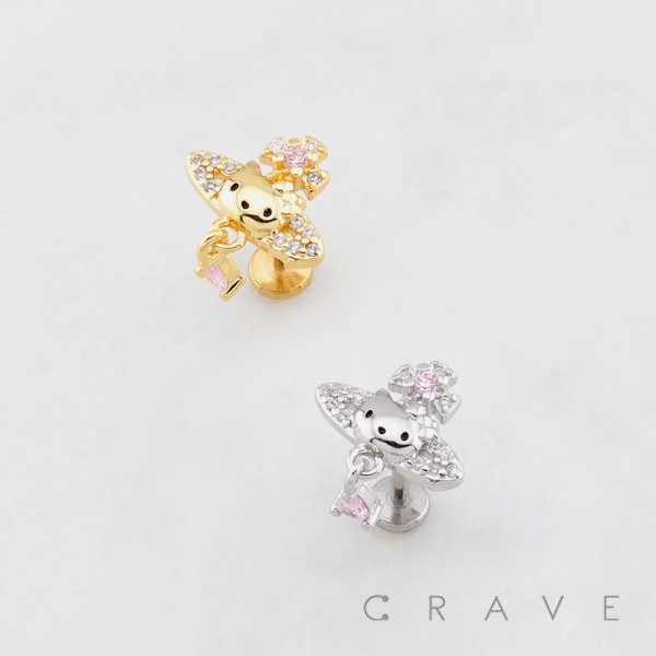 CUTTIE KITTY CAT FACE PLANET DROP DANGLE CZ THREADLESS (PUSH IN) 316L SURGICAL STEEL LABRET SET